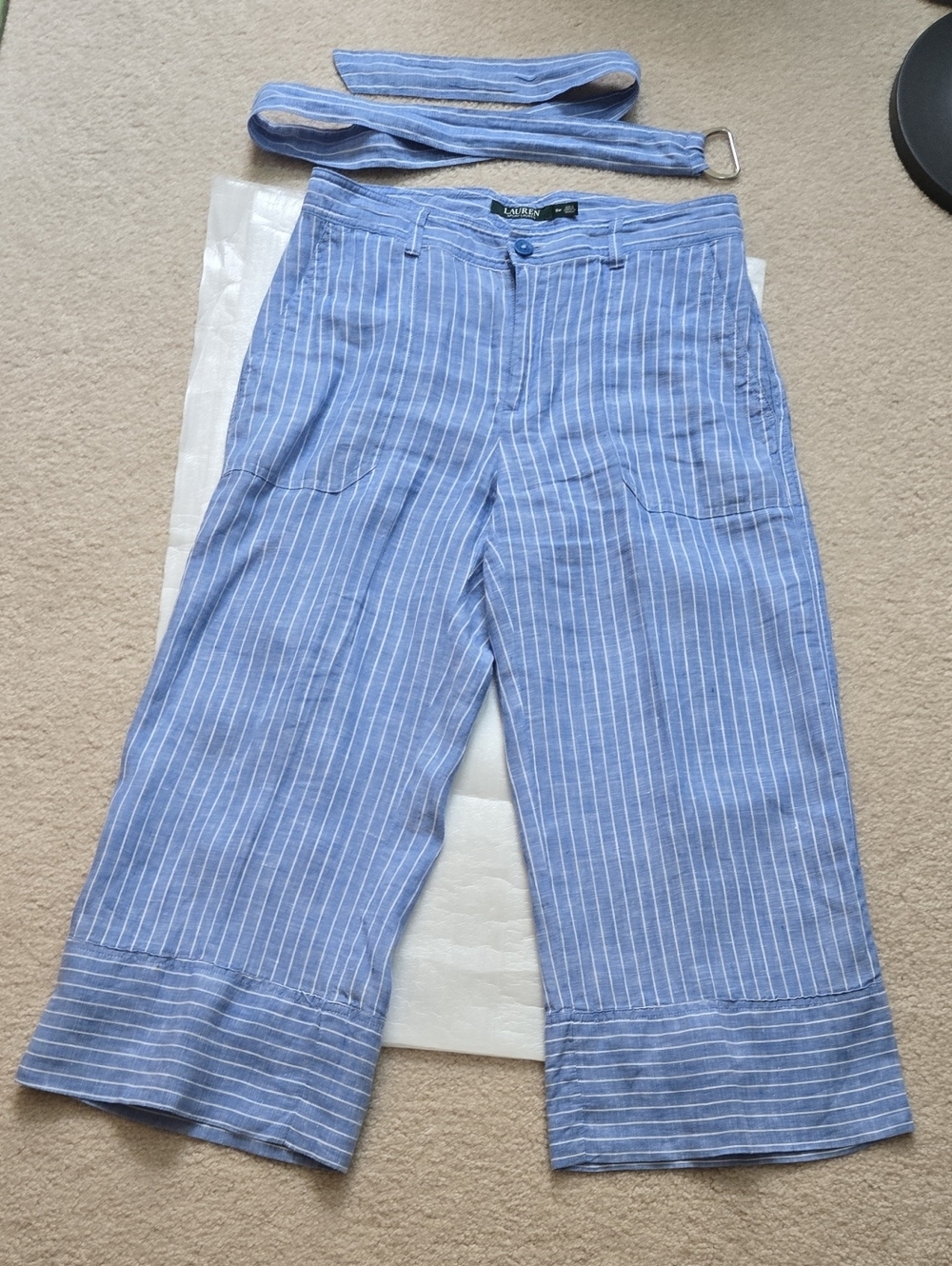 Ralph Lauren Light Blue and White Striped Linen Cropped Wide-Leg Pants with Belt